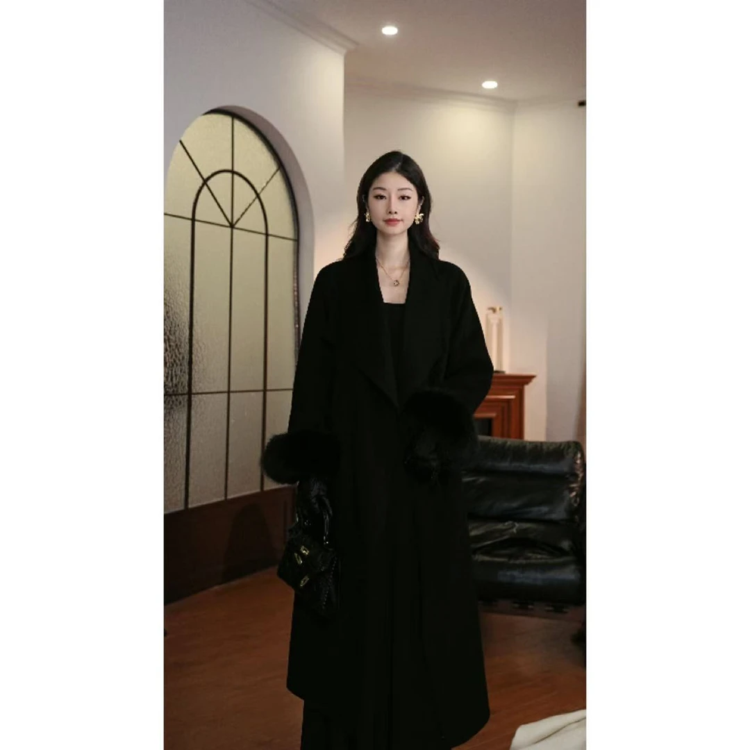 小陈 100澳毛 狐狸毛 双面手缝羊毛大衣 9808