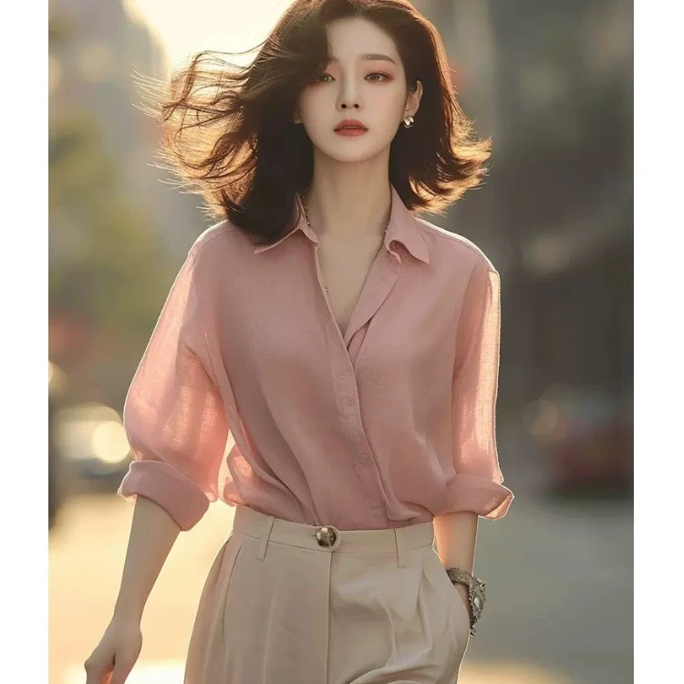 粉色亚麻翻领防晒衬衫女高级设计感小众春秋独特别致法式通勤上衣