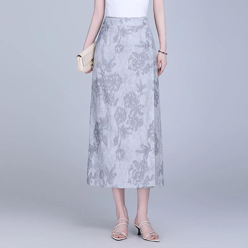 简约设计感一片式提花半身裙女夏薄款新款印花棉麻包臀中式直筒裙