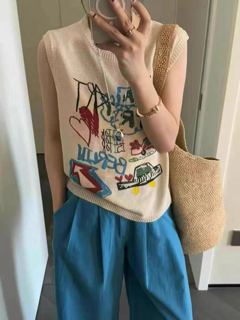 韩系卡通字母印花冰丝无袖针织背心女洋气百搭上衣潮
