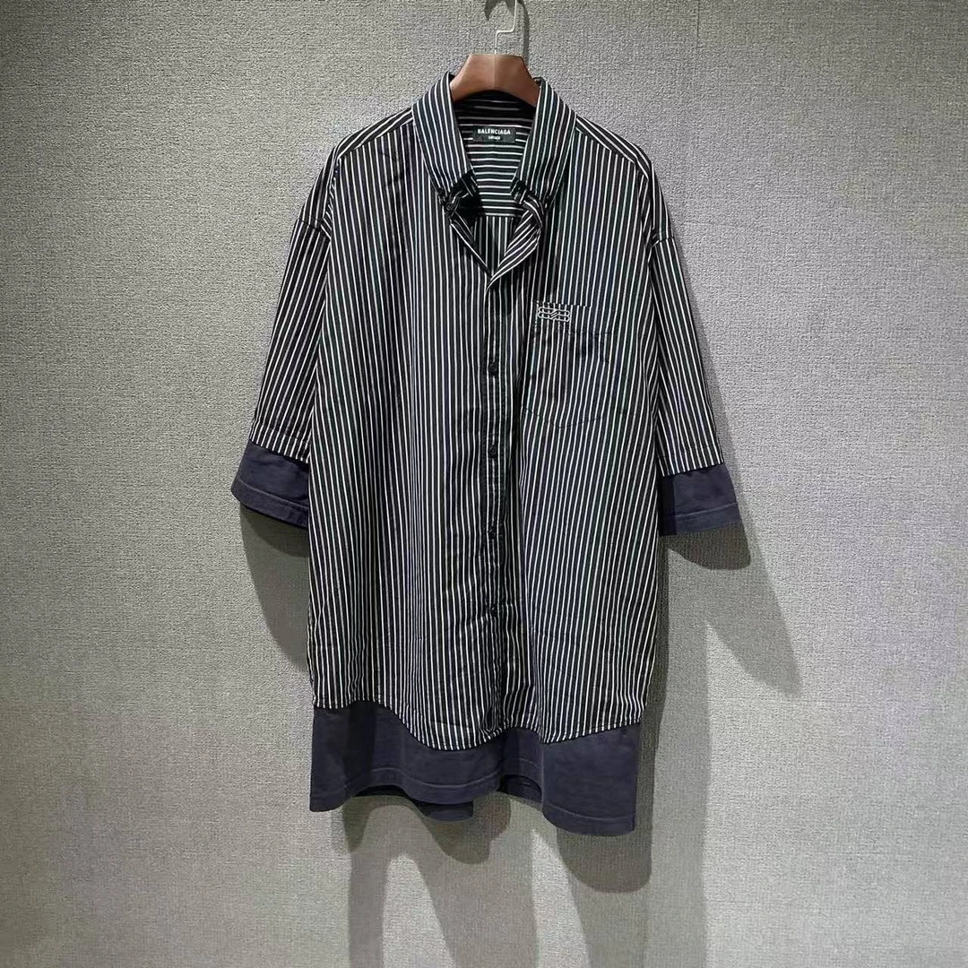 99新 Balenciaga/巴黎世家 （pm）假两件拼接短袖衬衫 37码/7710