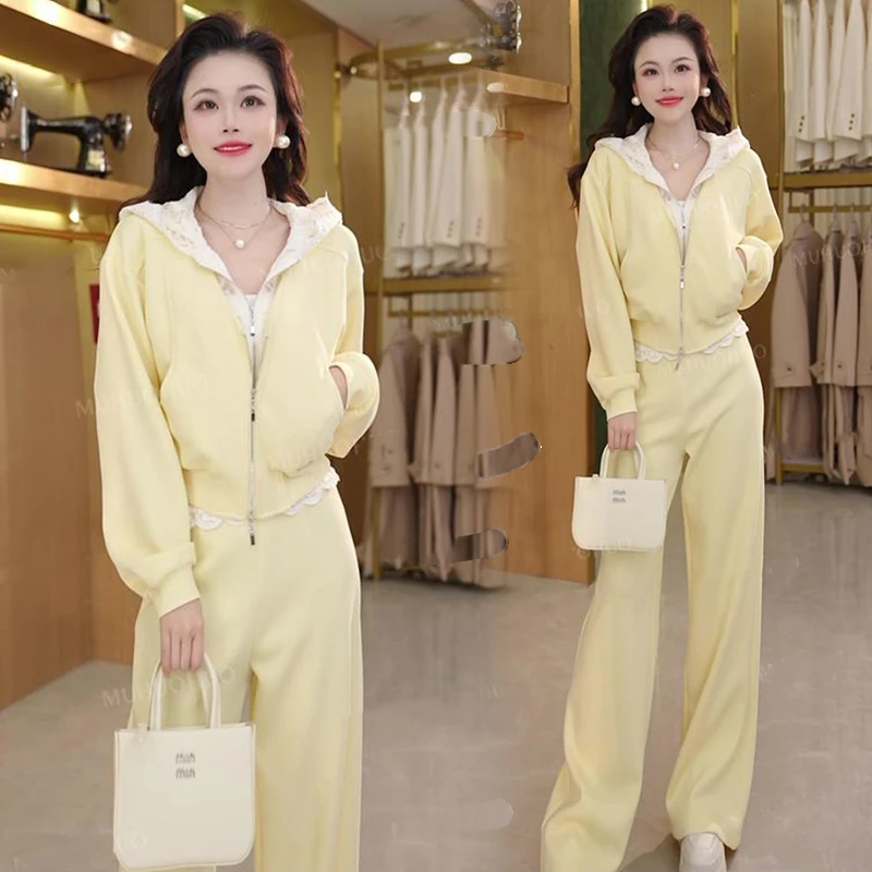 时尚休闲套装女2025春季新款蕾丝拼接假两件开衫卫衣阔腿裤两件套