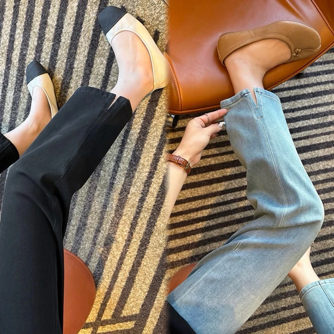 直筒牛仔裤女秋季新款梨形身材胖mm宽松显瘦开叉阔腿裤
