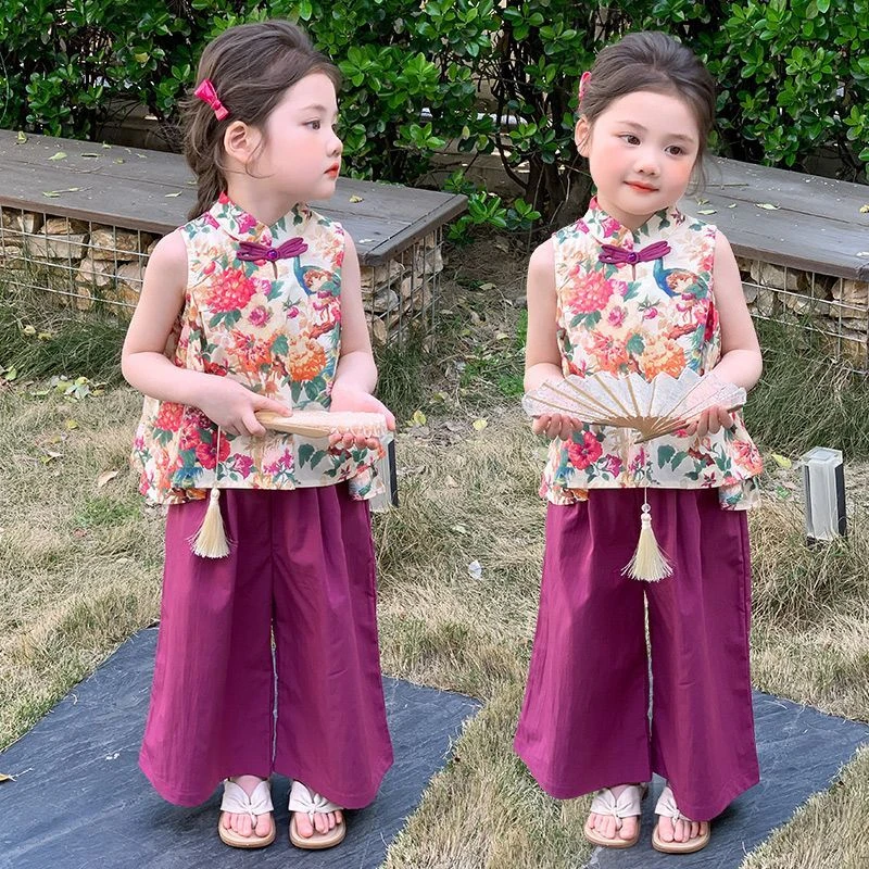 女童夏装套装2025新款洋气儿童中式碎花背心女宝宝阔腿裤两件套潮