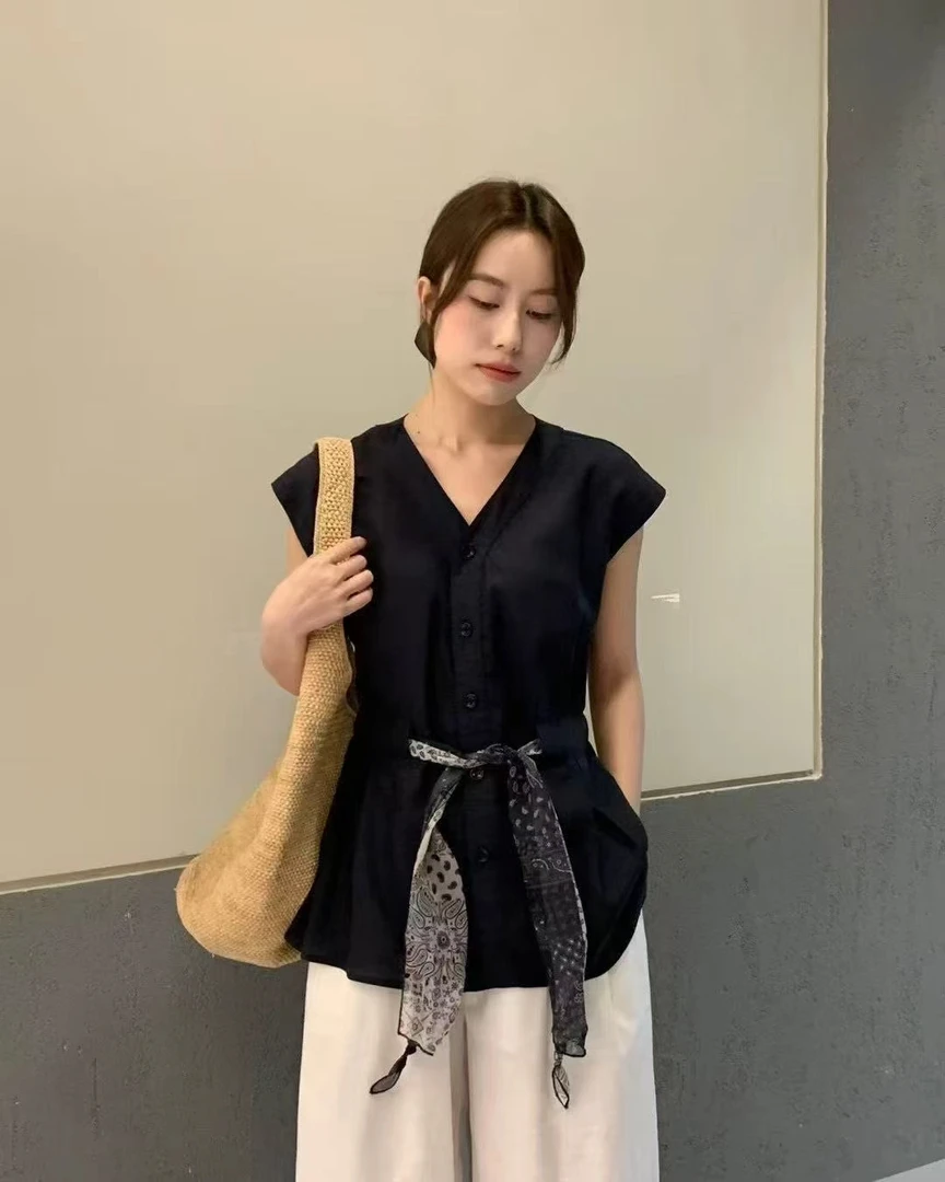 甜美设计感腰带丝巾V领短袖小衫女夏季宽松显瘦百搭上衣