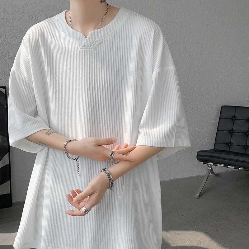 v领冰丝短袖T恤男夏季新款ins上衣宽松潮牌潮流半袖垂感白色体恤