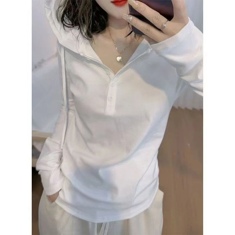 春秋文艺范简约打底连帽长袖T恤女显瘦休闲百搭小众设计感上衣潮