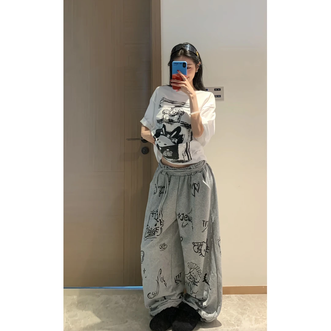 KT脑袋 灰色kt印花慵懒直筒显瘦休闲裤女