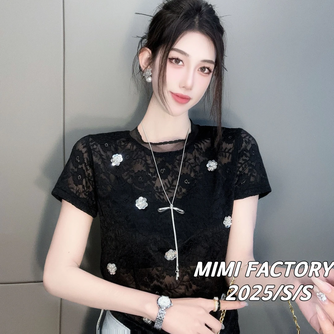 芈芈2025夏季新款 欧货微透网纱清凉短袖T恤女百搭显瘦上衣4348#