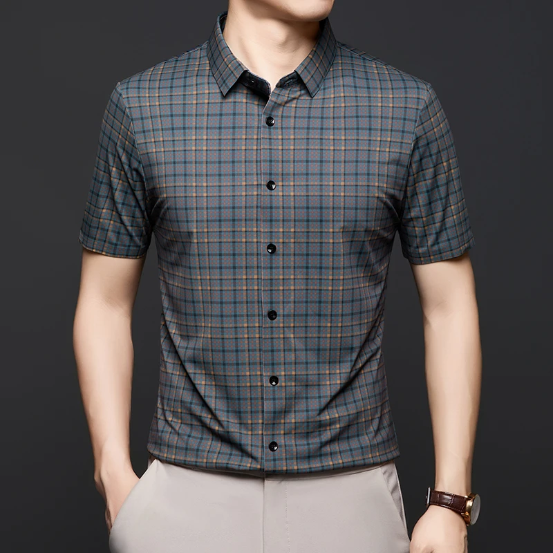 短袖T恤格子衬衫男士夏季冰丝免烫2025新款薄款商务休闲高档衬衣