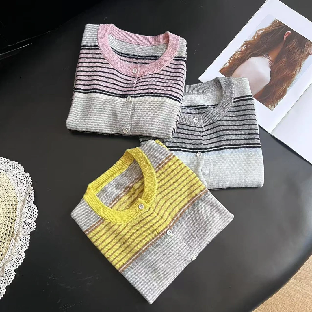 夏季韩系宽松拼色条纹圆领开扣针织短袖上衣H5335