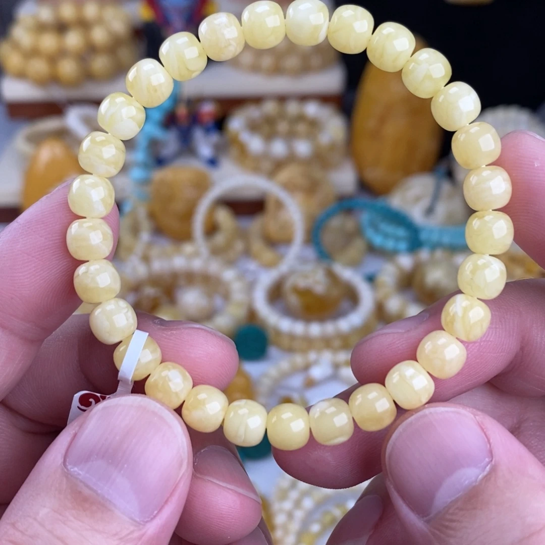 蜜蜡未镶嵌手链浓蜡瓷白花7mm高桩