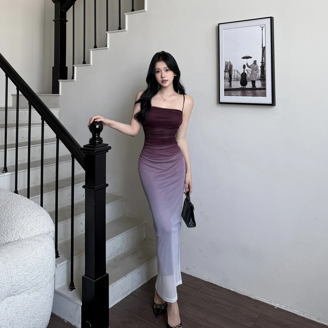 运补6-8r 吊带紫色渐变裙网纱收腰连衣裙2025款高级感包臀长裙