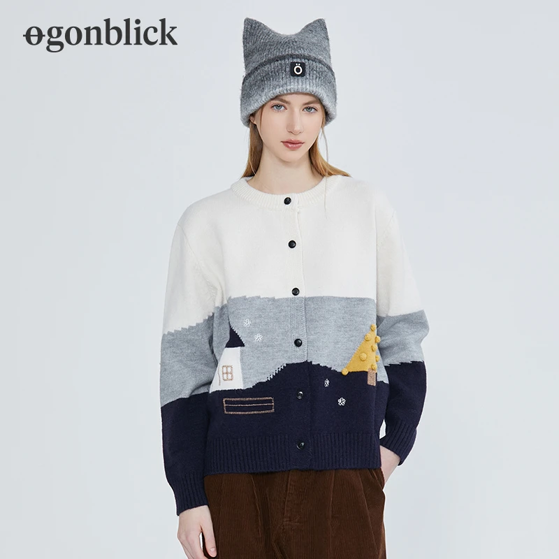 【北欧时刻】设计感提花刺绣撞色毛衣女冬季宽松显瘦针织开衫外套