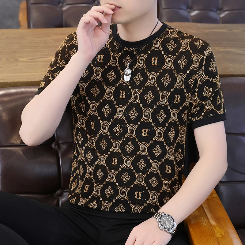 范希巴迪冰丝镂空短袖T恤男春夏季新款修身圆领网眼体恤男薄T透气