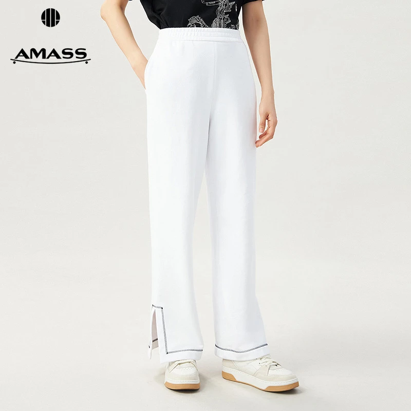 阿玛施AMASS松紧腰直筒裤时尚开叉轻运动休闲裤高腰长裤女5100539
