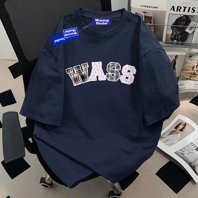 WASSUP HSUBE字母印花短袖T恤夏新款男生青少年藏青宽松半袖上衣