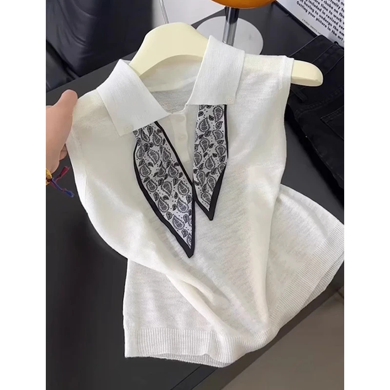 2025夏季薄款竹节麻时尚设计感翻领无袖针织衫背心女宽松显瘦上衣