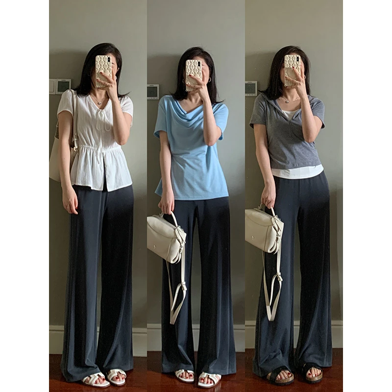 花总吖【冰皮微喇裤】韩式简约设计感凉感休闲冰皮喇叭裤R425K06797