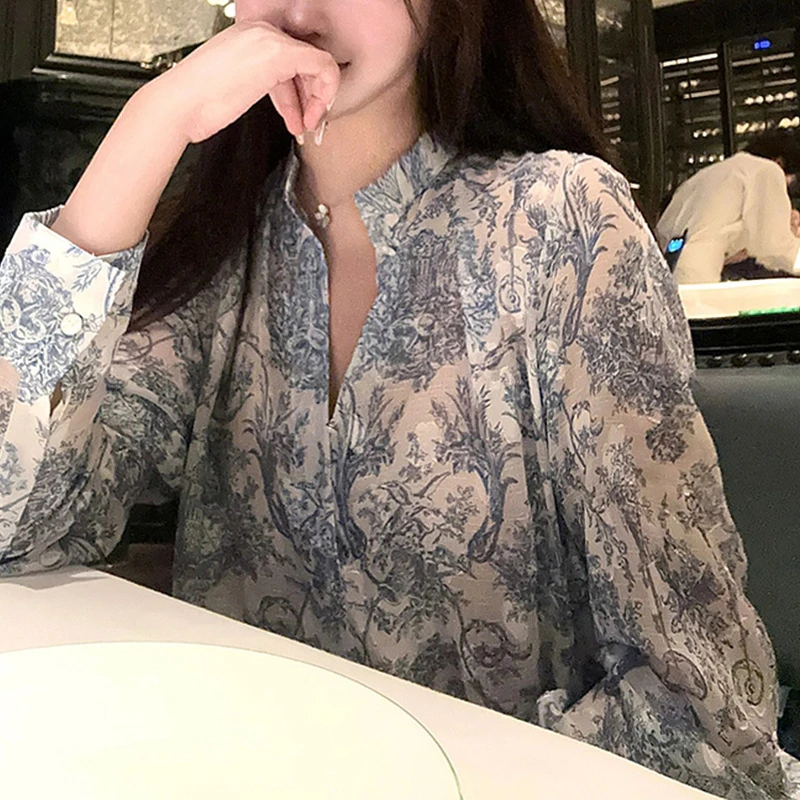 复古新中式水墨印花领雪纺上衣女夏2025新别致洋气薄款防晒衬衫
