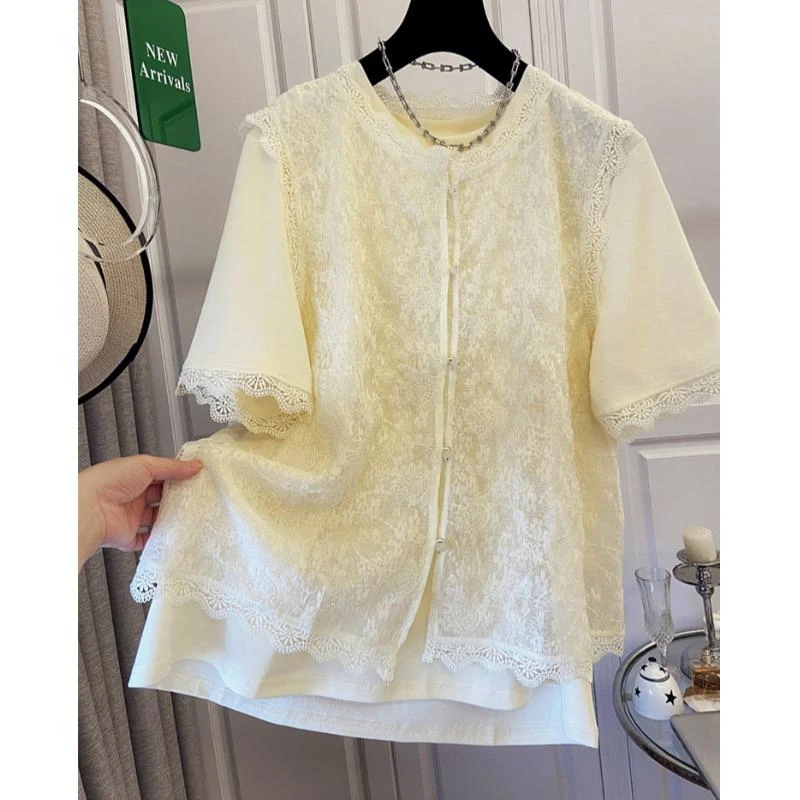 大码女装夏季胖mm新中式国风蕾丝马甲背心叠穿短袖t恤两件套上衣