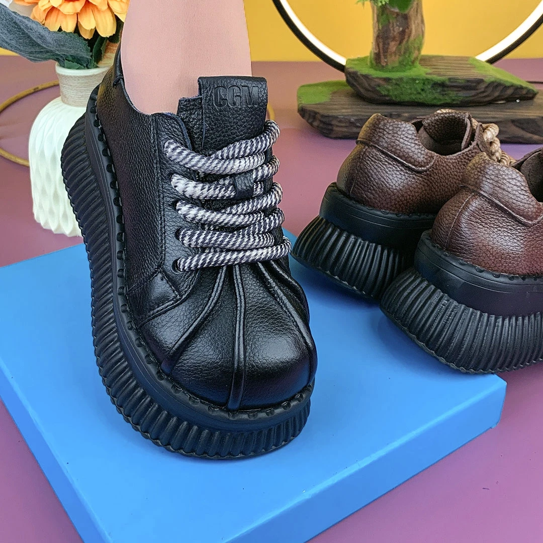 25159秋季新款真皮女鞋厚底松糕鞋百搭休闲单鞋英伦风增高皮鞋女