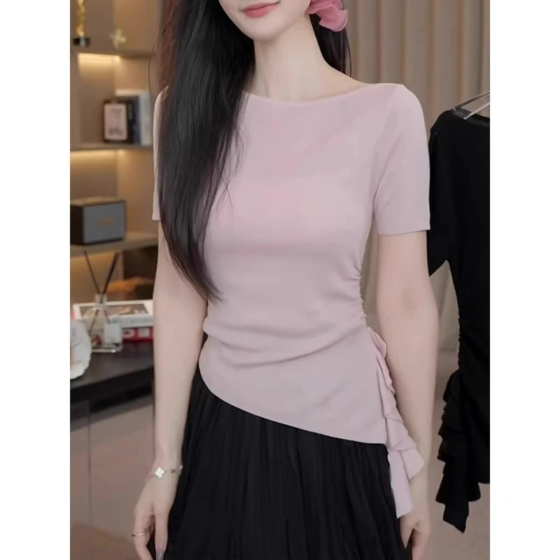 芊芊芙一字肩粉色针织衫女2025夏季新款修身开叉短袖t恤显瘦上衣