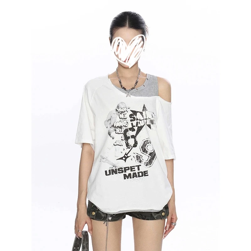 网红洋气衣服炸街女装涂鸦印花假两件露肩短袖T恤夏季宽松上衣服