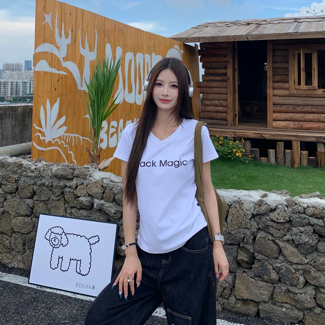 3MER 美式辣妹正肩字母V领短袖T恤女夏季韩系宽松显瘦上衣
