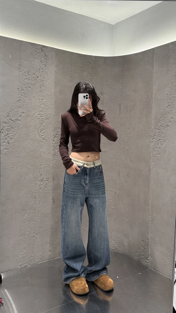 【QH11270-2】冬季新款加绒加厚宽松中高腰显瘦牛仔裤-宽松直筒裤