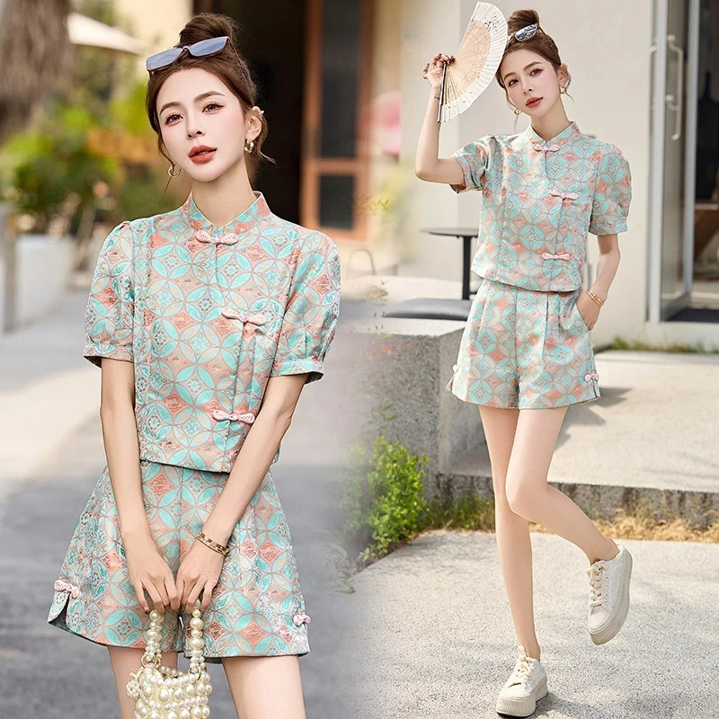 设计感新中式国风提花套装女2025夏季新款复古盘扣上衣短裤两件套
