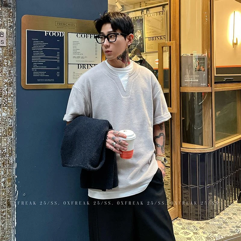 OXFREAK 「老钱风 华夫格」假两件短袖t恤男夏季高级感V领五分袖