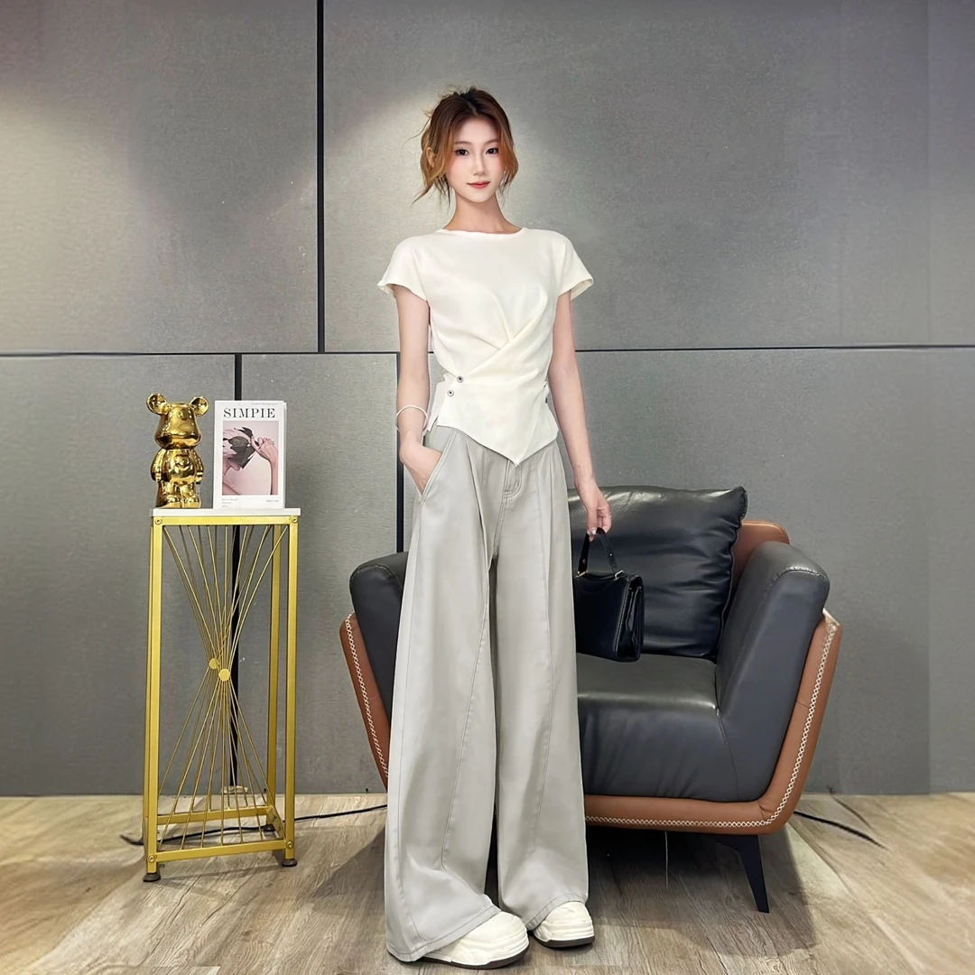 2025新款夏季薄款莫兰迪灰设计感高腰显瘦裤子女款爆款2025新款