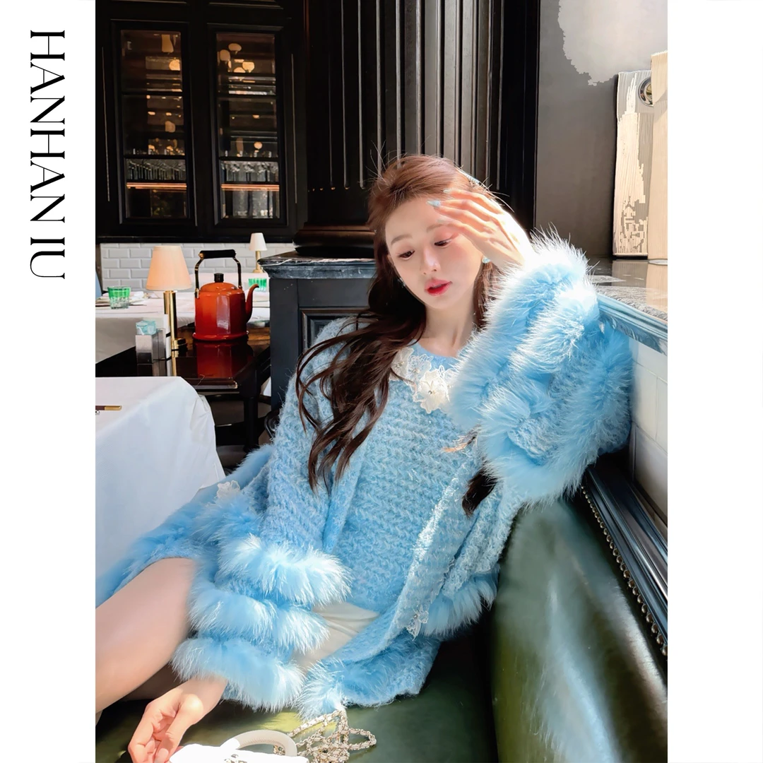 韩韩IU【冰雪蝴蝶】高定含绵羊毛狐狸毛袖口V领开衫&挂脖背心套装