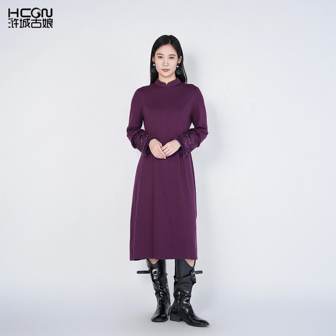 hcgn国风秋冬刺绣收腰修身优雅气质中长款黎初连衣裙HASS010010