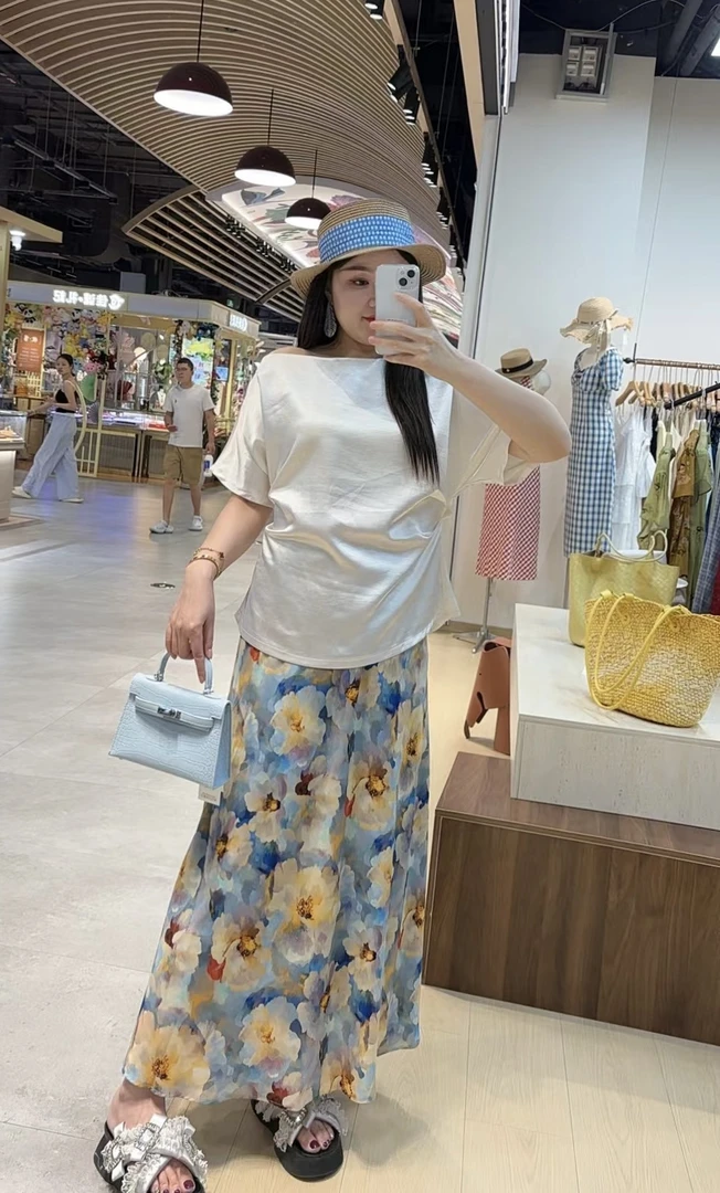 韩系休闲百搭碎花松紧腰中长半身裙春夏新款