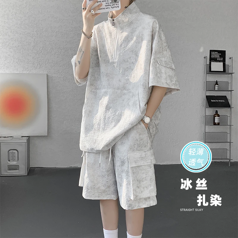 NASA WTAPS夏季新款男士扎染拼接套装港风潮流百搭大码半拉链套装