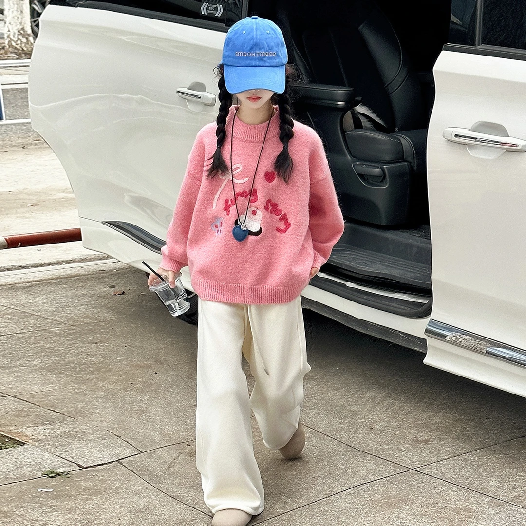 女童粉色圆领毛衣秋冬装2025新款中大童装加厚刺绣套头打底针织衫