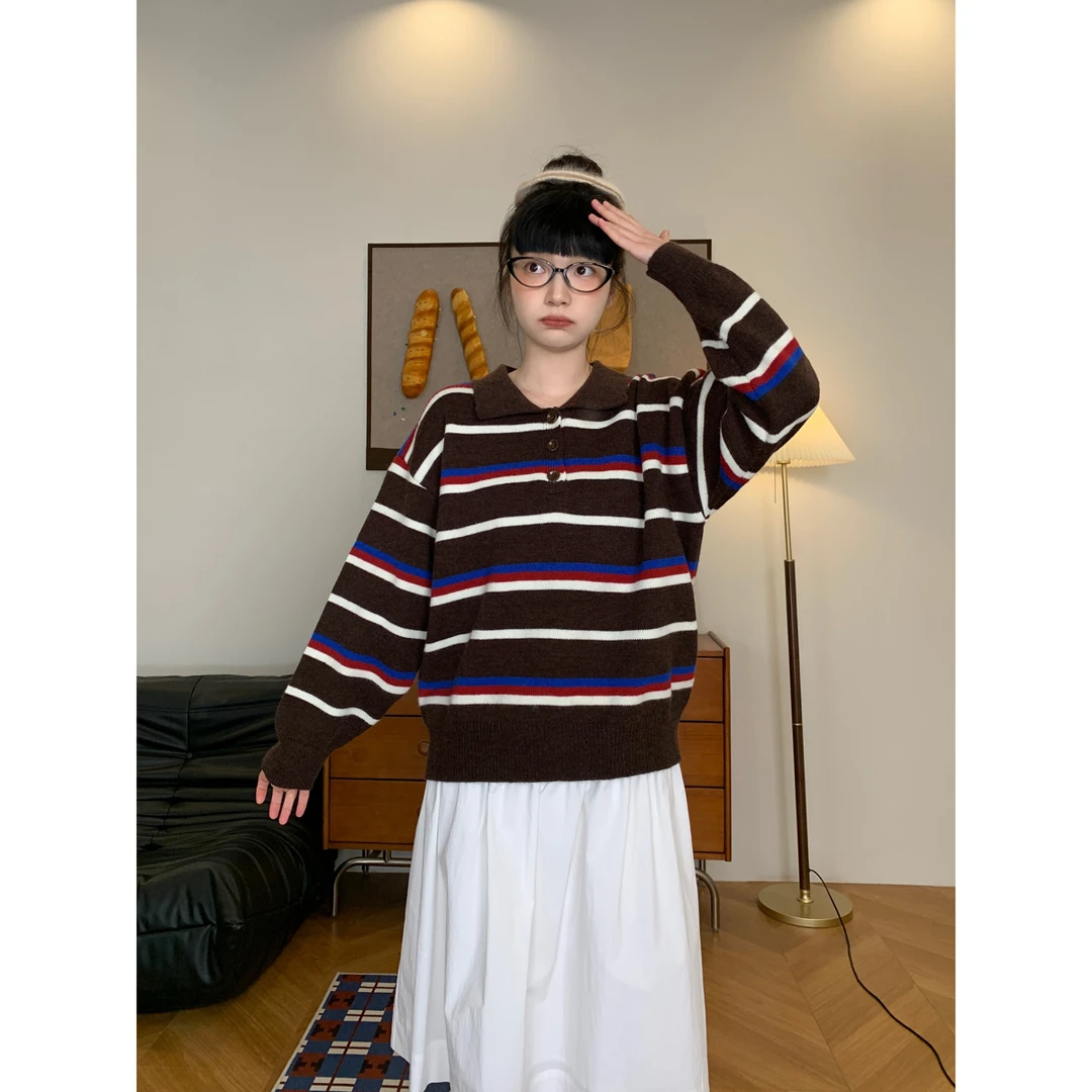 复古撞色条纹polo翻领针织衫女韩版秋冬新款宽松百搭显瘦毛衣套头
