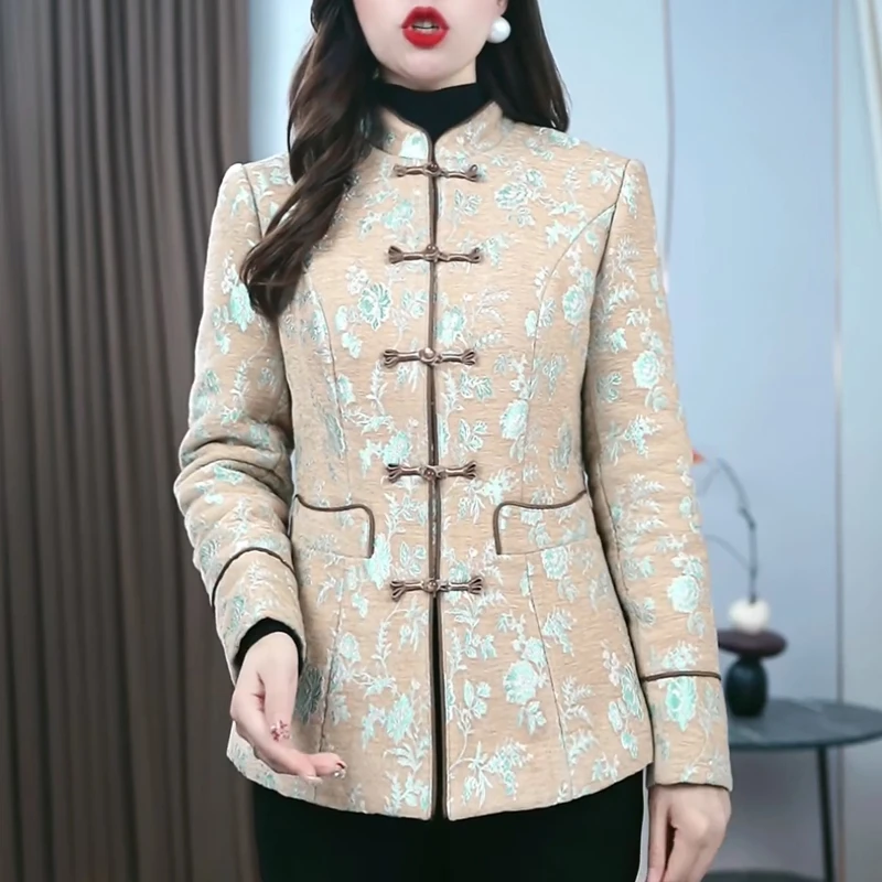 时尚气质新中式国风加棉外套女2025秋冬新款加厚保暖短款妈妈上衣
