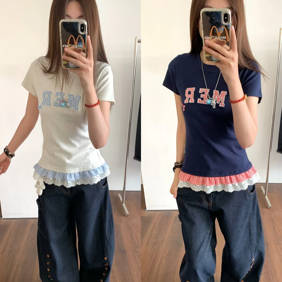 AMER 国潮美式复古蕾丝格子绣花刺绣正肩百搭夏短袖T恤女