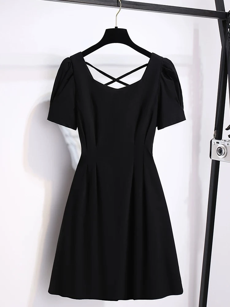 H718红黑连衣裙]夏季纯色蕾丝女士时尚气约潮拼接裙子春秋