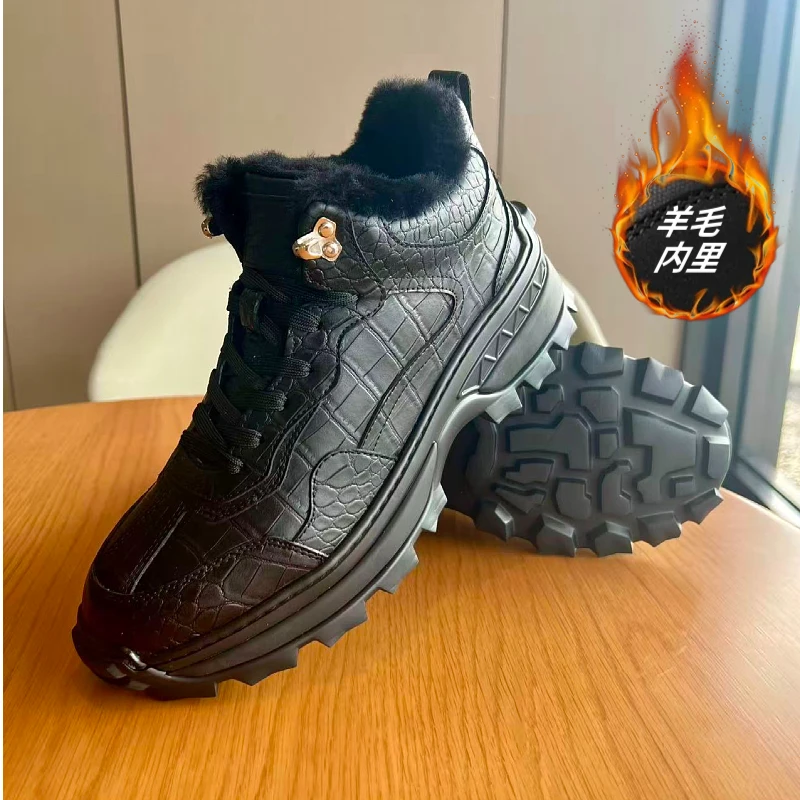 正版鳄鱼皮靴子秋冬男士马丁靴高帮工装鞋羊毛靴休闲皮鞋真皮男鞋