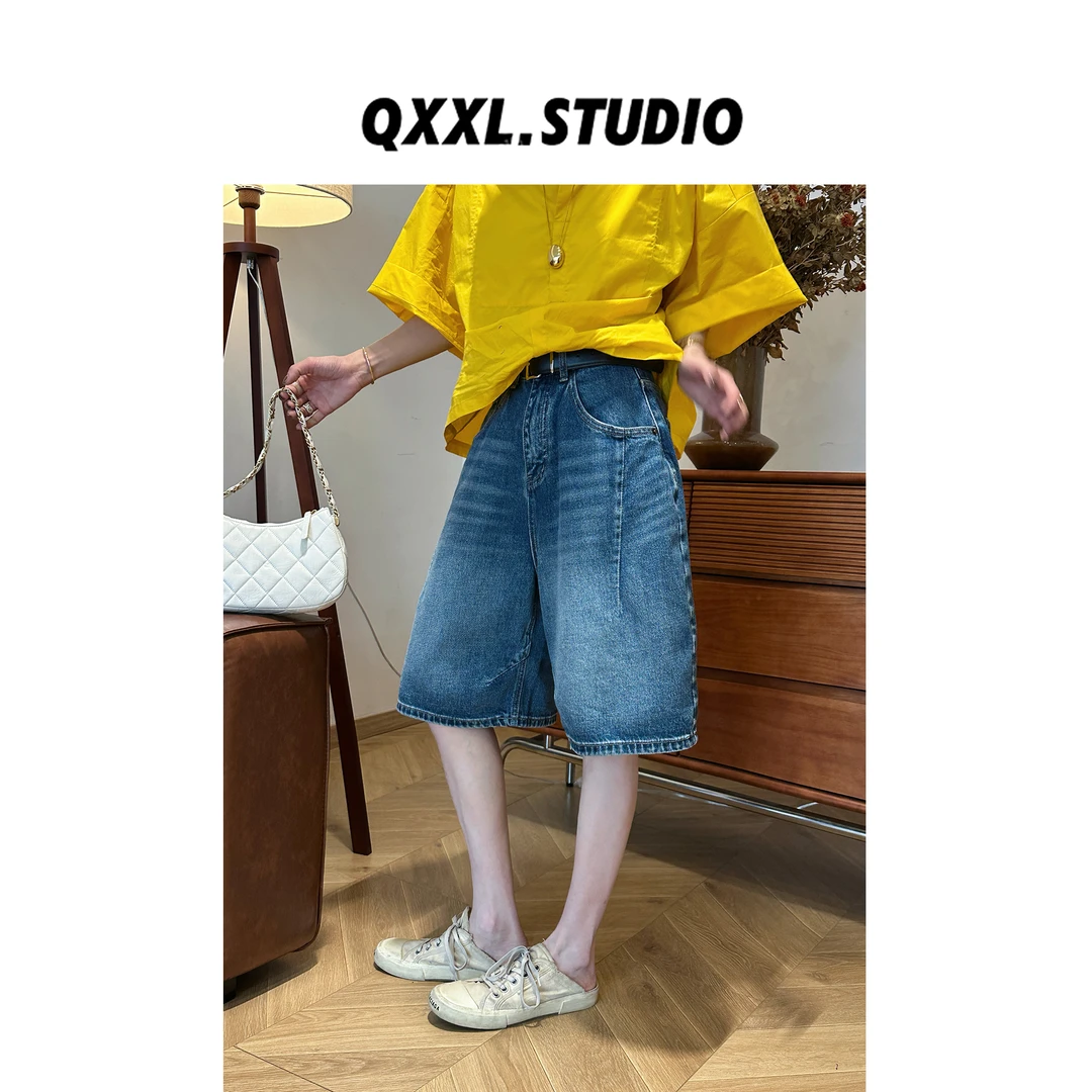 邱小小丽呀 （含腰带）复古阔腿五分牛仔裤女夏季薄款百搭休闲中裤