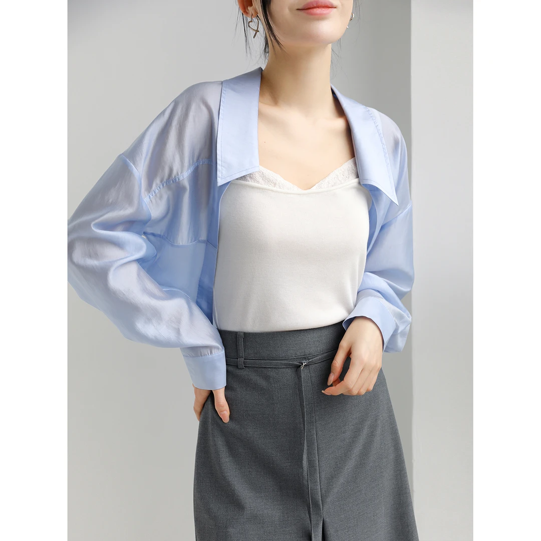 设计感小众宽松天丝无扣衬衫披肩女春夏长袖休闲上衣短款时尚百搭