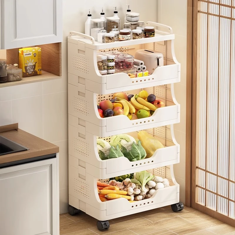 优勤厨房置物架落地多层可移动菜篮子果蔬收纳筐家用多功能小推车