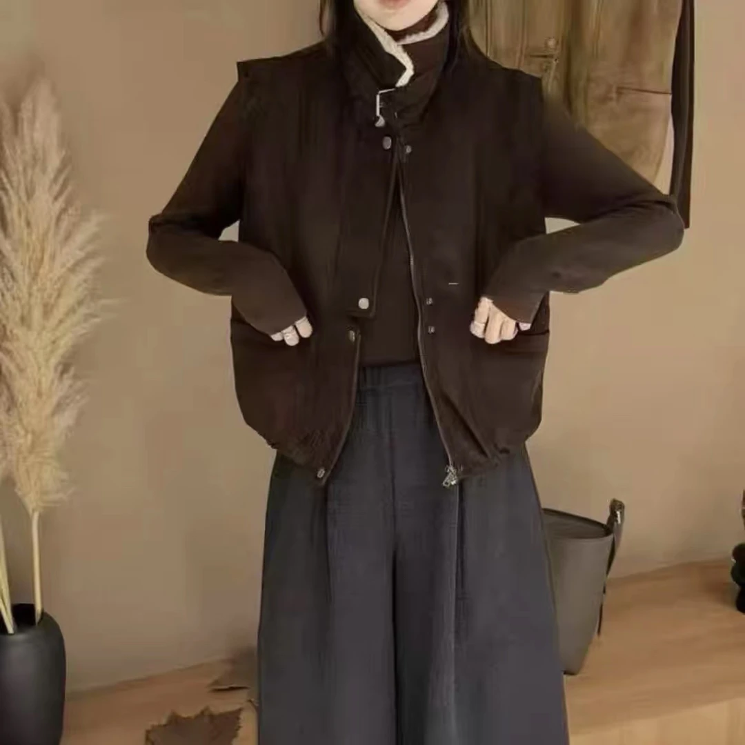 那简家1152羔毛翻领复古风鹿皮绒夹棉厚实保暖马甲