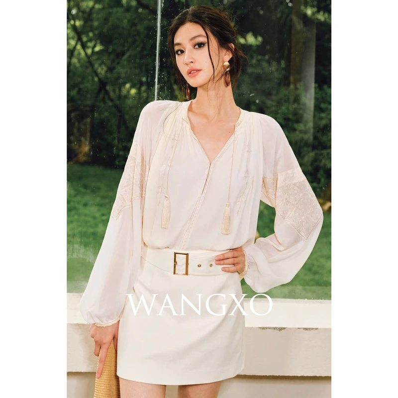 WANGXO  独家定纺人丝乔其重工刺绣衬衫253372W