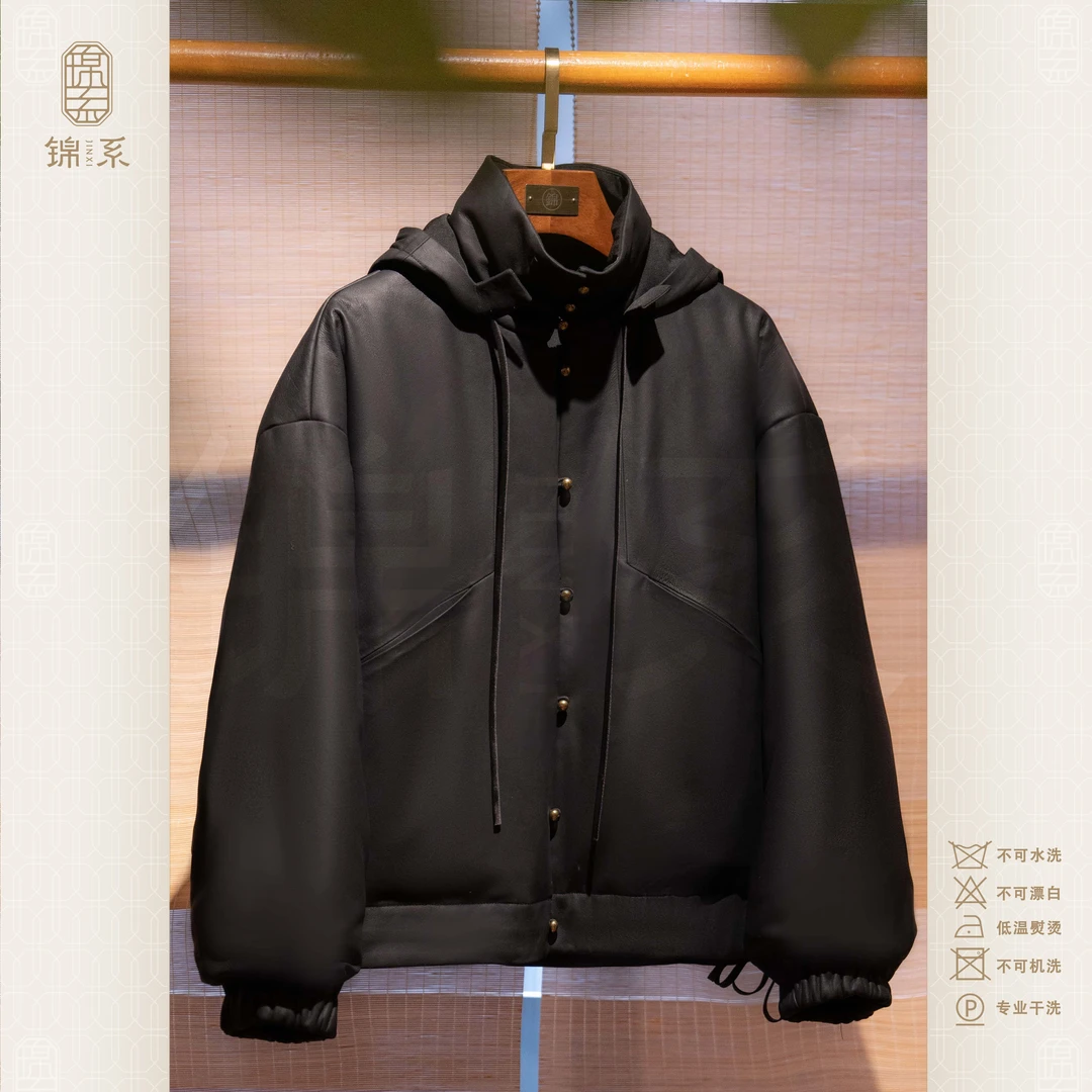 【锦系】新西兰进口小羊皮(磨砂皮)中式立领加帽鹅绒服EP-386038