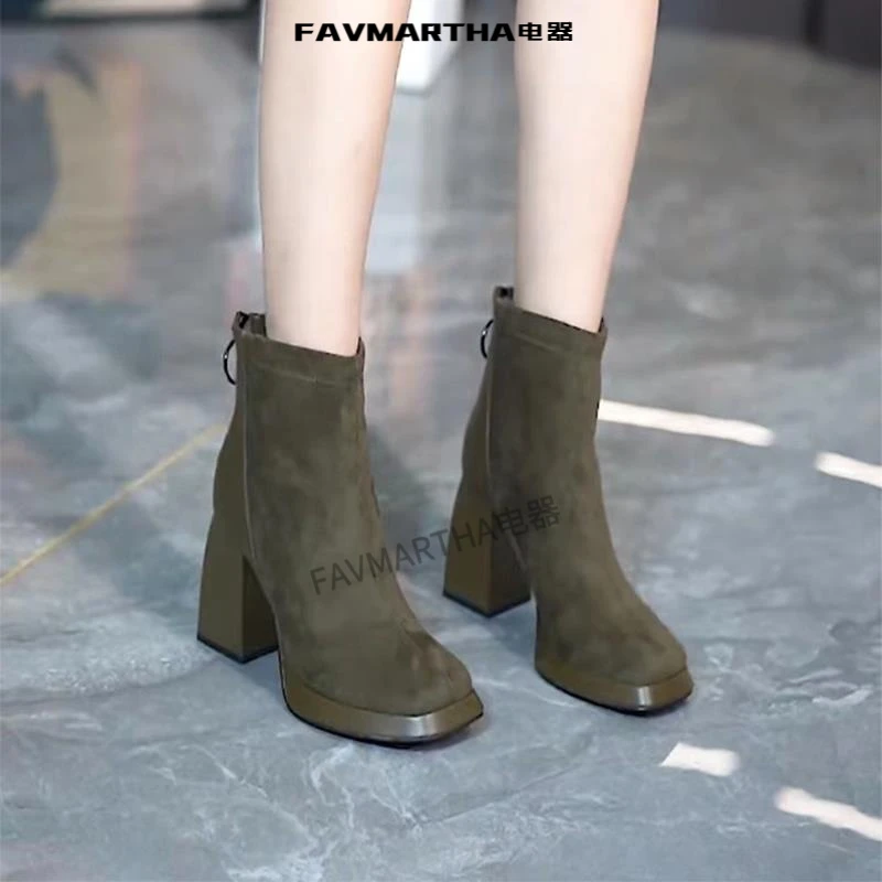 高跟短靴女秋季新款方头厚底时装女靴防水台后拉链百搭粗跟马丁靴